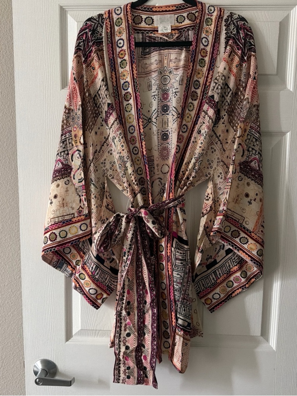 Camilla Print Tie-Waist Short Kimono Jacket - Pink Multi